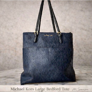 Michael Kors Large Bedford Tote Navy MK Signature Logo Canvas
